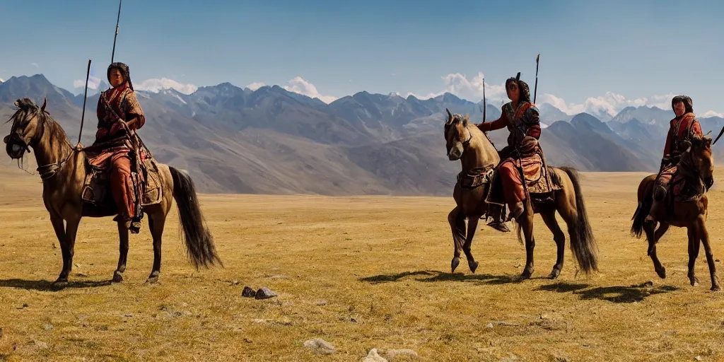 Image similar to Scythian women archers on horseback, riding along the Alai–Western Tian Shan steppe, mountains in the background, still from a movie, cinematic, 4K