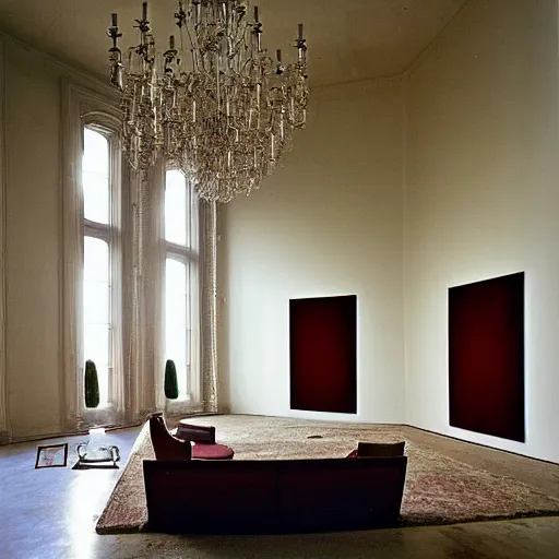 Prompt: giant Italian modern castle living room, clean minimalist design, that is 1300 feet tall, with very tall giant walls filled with modern art paintings, doors that are cosmic portals, photo by Annie Leibovitz, with modern steel sculpture by Tony Cragg