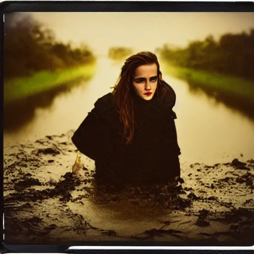 Prompt: night time, emma watson rising out of muddy vietnam river, face covered in mud, low camera angle at water level, night time, dark, polaroid, 2 0 0 mm zoom,