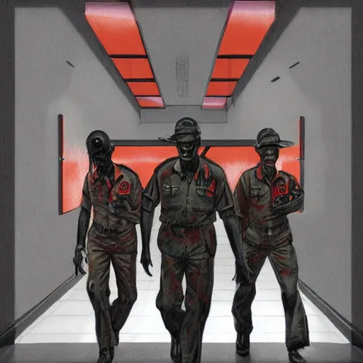 Prompt: zombie security 1 9 4 0 officers with a glowing red aura in beige uniforms in a brutalist office setting trending on artstation digital painting