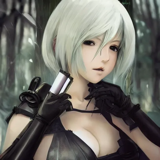 Image similar to beautiful portrait of 2B from nier automata, forest, junkyard, pretty, semi realistic anime, hyper detailed, 8k, DeviantArt, Instagram, Behance, Artstation, trending on artstation, Pixiv, Pixiv daily ranking, art of silverfox, Yee Chong Silverfox, Sydney Hanson, Mickael Lelièvre, Jaeyeon Nam, derevschikova, Elina Karimova