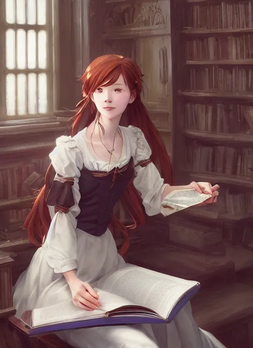 Prompt: a victorian maid with long flowing auburn hair in a reading room. By Makoto Shinkai, Stanley Artgerm Lau, WLOP, Rossdraws, James Jean, Andrei Riabovitchev, Marc Simonetti, krenz cushart, Sakimichan, trending on ArtStation, digital art.