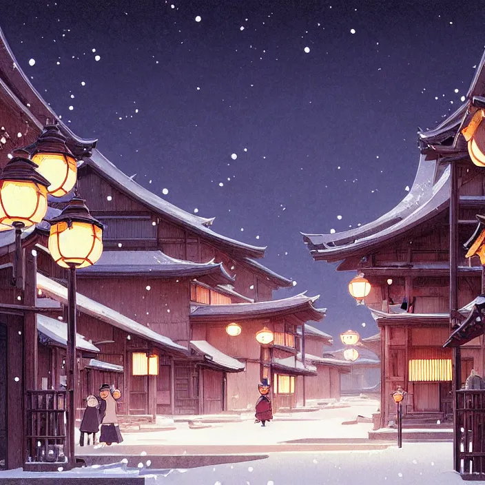 Image similar to empty rural japanese town at night, winter, in the style of studio ghibli, j. c. leyendecker, greg rutkowski, artem