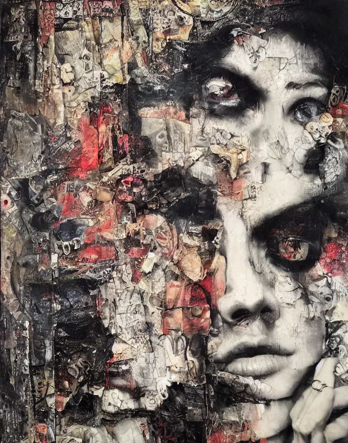 Prompt: damned pleasures detailed analogue mixed media collage with canvas texture in style of contemporary art, punk art, hyperrealistic beautiful face, photorealistic, expressionism, masterpiece, perfect composition, spectacular quality, intricate oil details