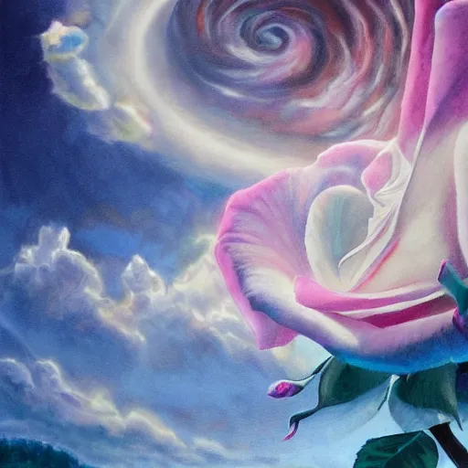 Image similar to ring of giant rose petals, fantasy art, sky in the background, detailed, behrens style