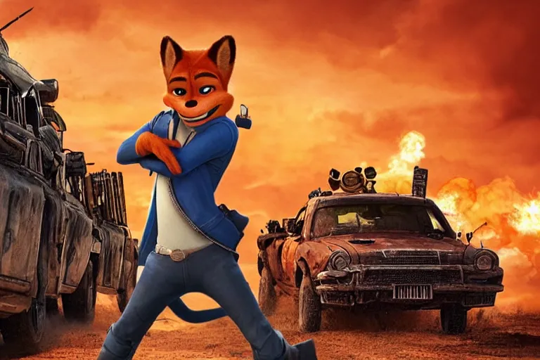 Image similar to nick wilde, heavily armed and armored facing down armageddon in a dark and gritty reboot from the makers of mad max : fury road