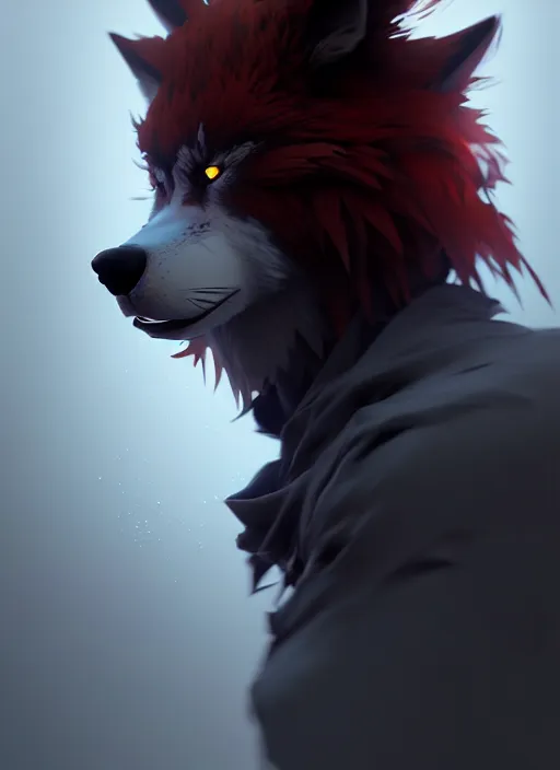 Image similar to award winning portrait of a male anthropomorphic dark gray wolf red hair. character design by cory loftis, fenghua zhong, ryohei hase, ismail inceoglu and ruan jia. artstation, volumetric light, highly detailed, photorealistic, fantasy, rendered in octane