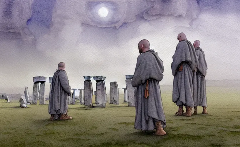 Image similar to a hyperrealist watercolour character concept art portrait of small grey medieval monks with floating stones in the air in front of a complete stonehenge monument on a misty night. a ufo is in the sky. by rebecca guay, michael kaluta, charles vess and jean moebius giraud