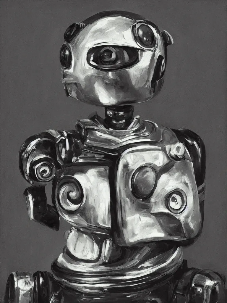 Image similar to “A perfectly centered beautiful black and white portrait oil painting of a retro-futuristic robot in Los Angeles”