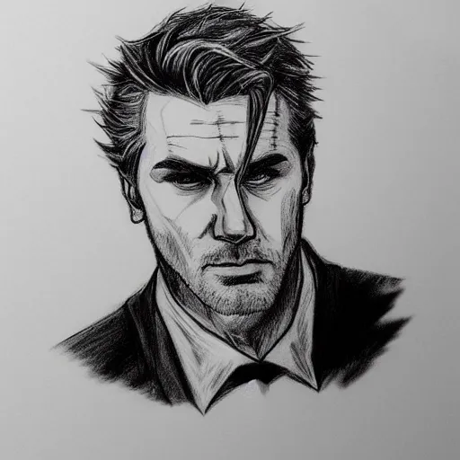 Image similar to John Constantine portrait profile, black and white sketch, cellshaded, drawn in fine-tip pen, made by WLOP, trending on artstation