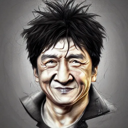 Image similar to surrealism grunge cartoon portrait sketch of Jackie Chan, by michael karcz, loony toons style, freddy krueger style, horror theme, detailed, elegant, intricate