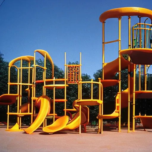 Image similar to full - color 1 9 7 0 s photo of a vast incredibly - large complex very - dense tall many - level playground in a crowded schoolyard. the playground is made of wooden planks, rubber tires, metal bars, and ropes. it has many spiral staircases, high bridges, ramps, balance beams, and metal tunnel - slides.