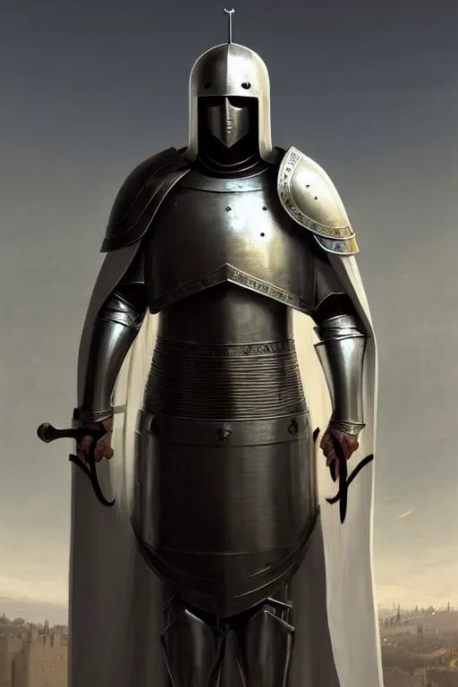 Image similar to white man looking forward in iron decorated plate armor, cylindrical crusader great helm covering all his head and white cape covering his back and elbows standing at the gates of jerusalem drawn by greg rutkowski realistic high detail