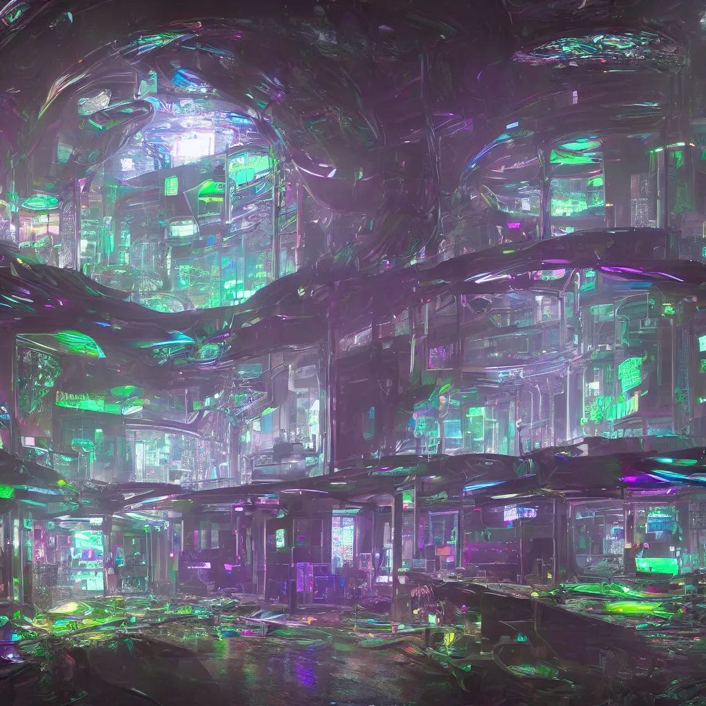 Prompt: cyberpunk bioremediation in a vertial caontainer made of prism glass