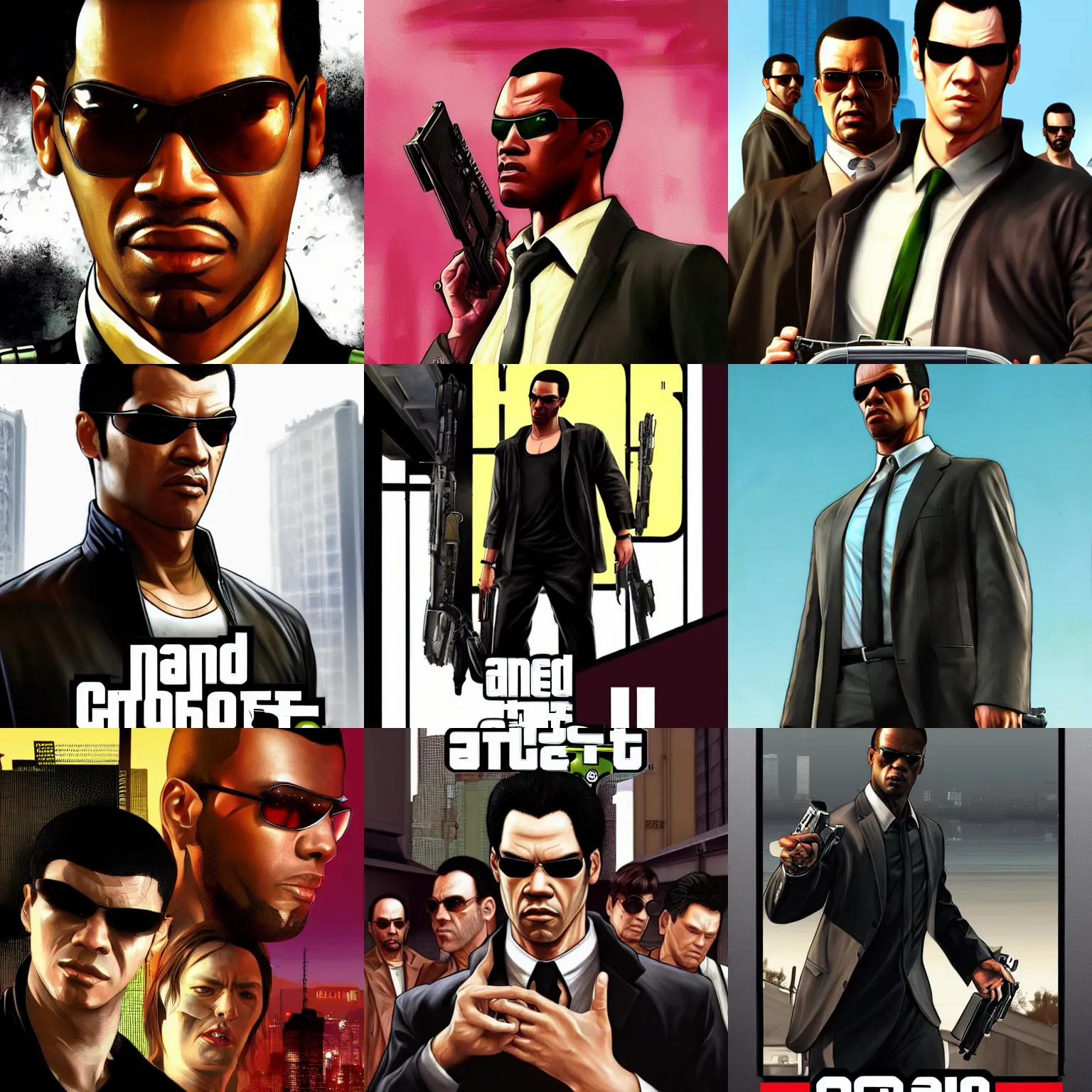 Prompt: Neo (Matrix) in Grand Theft Auto V cover art, ArtStation, Pixiv, realistic, Procreate, PaintTool SAI