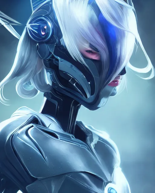 Image similar to perfect android girl on a mothership, warframe armor, beautiful face, scifi, futuristic, galaxy, nebula, raytracing, dreamy, long white hair, blue cyborg eyes, sharp focus, cinematic lighting, highly detailed, artstation, divine, by gauthier leblanc, kazuya takahashi, huifeng huang