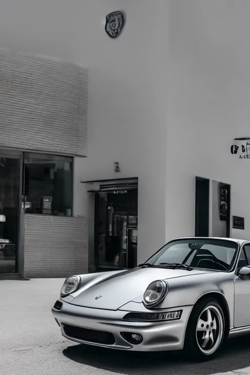 Image similar to Photo of a silver Porsche 911 Carrera 3.2 parked in front of a Prada Store in the desert, daylight, award winning, high resolution, well composed, cinematic.