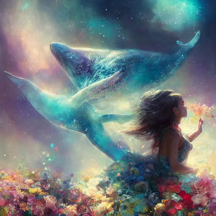 Image similar to glimmering whale, flowing dress, flowers, cosmos, milky way galaxy, golden hour, god rays, coral reef, dreamscape by artgerm and ruan jia and ismail inceoglu and greg olsen, masterpiece, beautiful, intricate, elegant, highly detailed