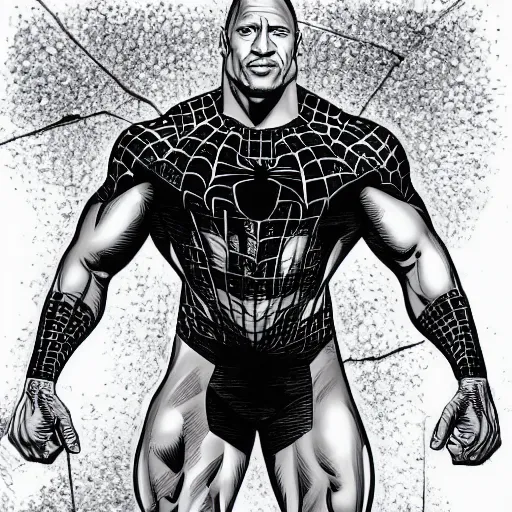 Image similar to dwayne johnson as spiderman in style of black pen line drawing, very detailed