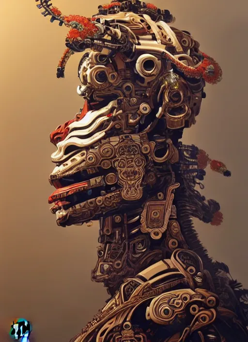 Image similar to portrait of a machine from horizon zero dawn, machine face, upper body, decorated with chinese opera motifs, asian, traditional chinese art, intricate, elegant, highly detailed, digital painting, artstation, concept art, smooth, sharp focus, illustration, art by artgerm and greg rutkowski and alphonse mucha, 8 k