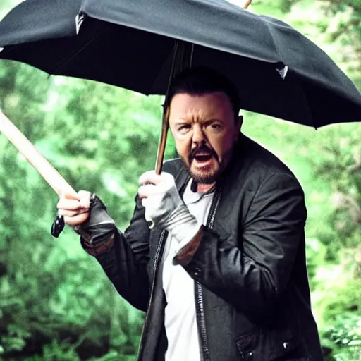 Prompt: ricky gervais fighting off zombies with an umbrella