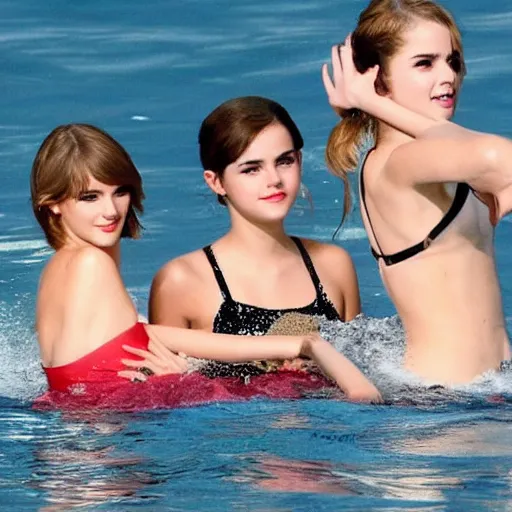 Image similar to emma watson and taylor swift and selena gomez swim together. perfect faces.