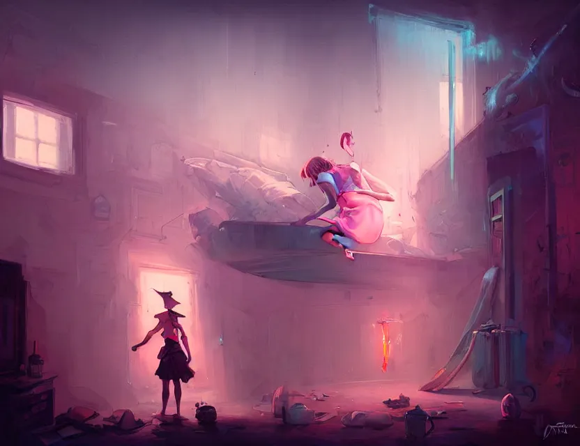 Prompt: photo a man in a short pink skirt, in jail, dirty room, lattice in the foreground by peter mohrbacher