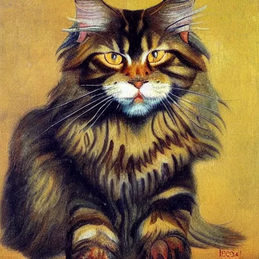 Image similar to soviet painting of ginger maine coon by isaak brodsky, walter womacka, czeslaw znamierowski, vladimir pchelin, kuzma petrov - vodkin, igor berezovsky