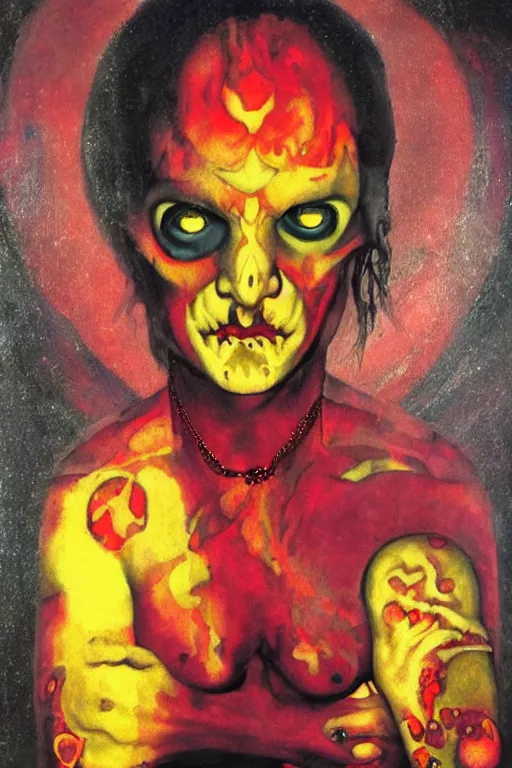 Prompt: surreal a lithe brian molko as slaanesh the prince of pleasure in a post apocalyptic hellscape, esoteric symbolism, intense emotional power, red yellow black, palette knife oil painting by peter booth, josh kirby and william blake