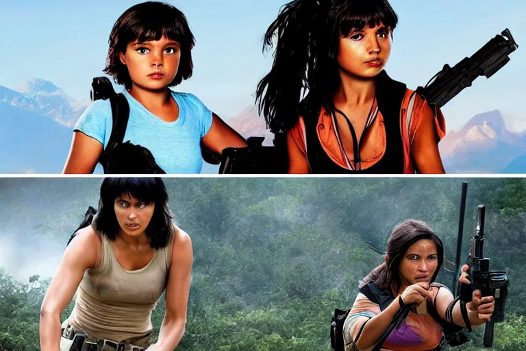 Image similar to Dora the Explorer (played by Isabela Merced) vs Lara Croft (played by Angelina Jolie), film by James Bobin and Simon West