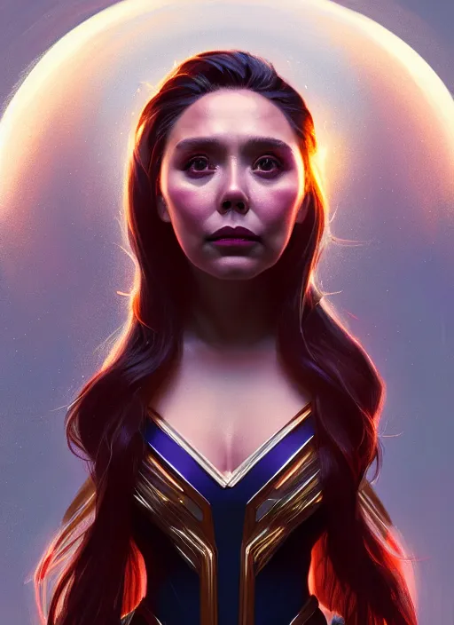 Image similar to portrait of modern darna, elizabeth olsen, intricate, elegant, glowing lights, highly detailed, digital painting, artstation, glamor pose, concept art, smooth, sharp focus, illustration, art by wlop, mars ravelo and greg rutkowski