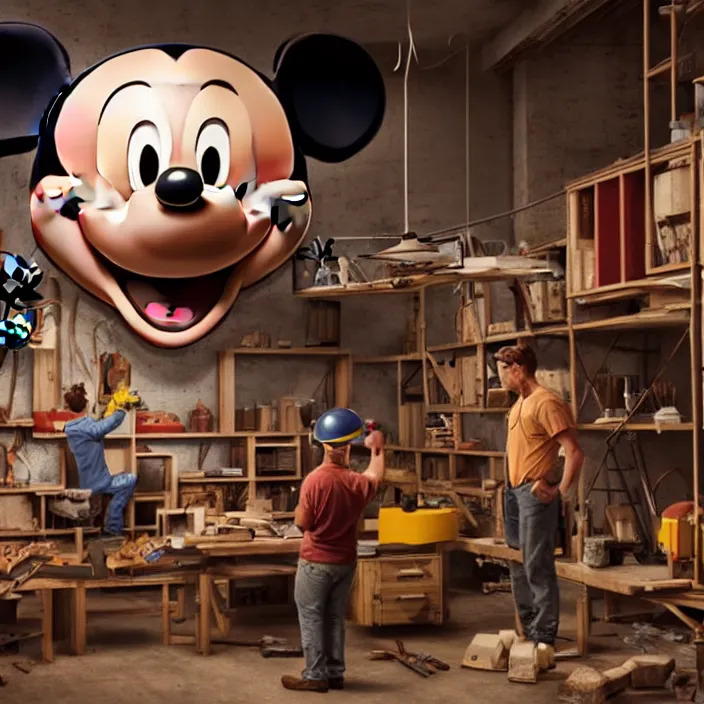 Image similar to crew of workers building giant mickey mouse head in quaint workshop, octane render, 4 k ultra hd, hyper - detailed, realistic, seedy lighting, sharp focus, in style of beeple