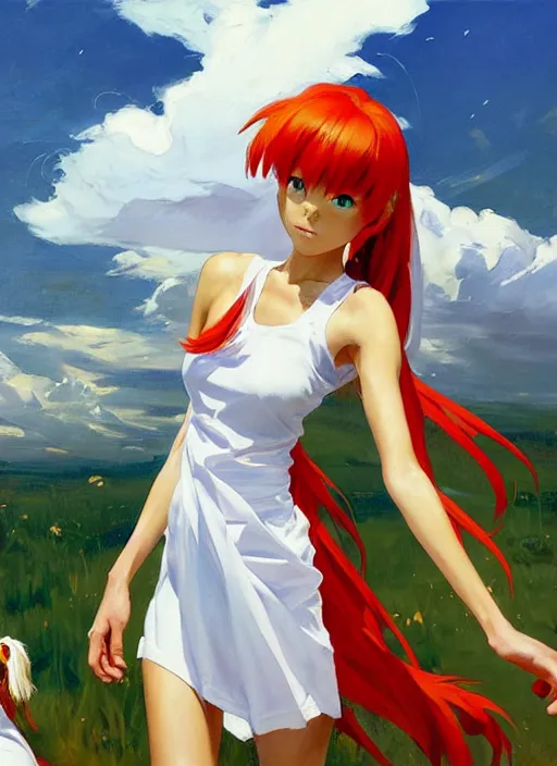 Prompt: Greg Manchess painting of Asuka Langley Soryu in a casual white dress out with the dogs, EVA unit-00 in the back, countryside, fantasy character portrait, dynamic pose, above view, sunny day, thunder clouds in the sky, artwork by Jeremy Lipkin and Giuseppe Dangelico Pino and Michael Garmash and Rob Rey, very coherent asymmetrical artwork, sharp edges, perfect face, simple form, wacky, 100mm