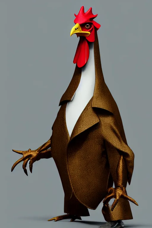 Image similar to a chicken wearing a formal overcoat, hyperrealistic, concept art, octane render, unreal engine 5, trending on artstation, high quality, highly detailed, 8 k, soft lighting, path traced, high coherence, digital art, beautiful, elegant clothes, trending on deviantart, masterpiece