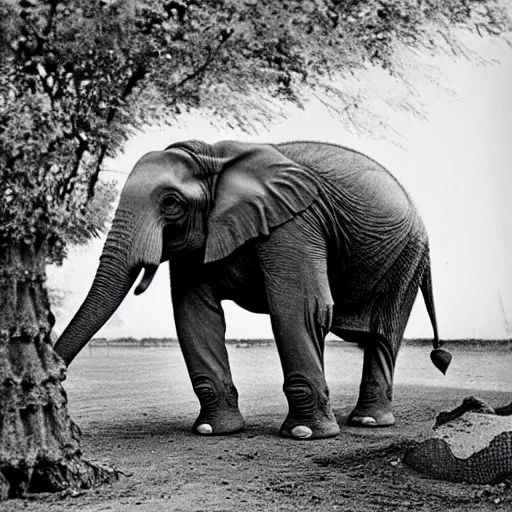 Prompt: an elephant with the chernobyl elephants foot. photograph.