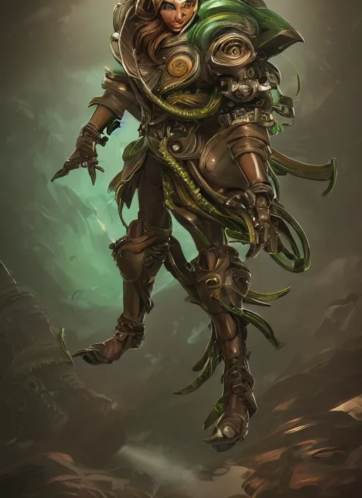 Image similar to a highly detailed illustration of thick wavy brown haired young white guy wearing brown detective trench coat and wearing green face mask, with many mechanical arms on his back, dramatic hands in pocket standing pose, intricate, elegant, highly detailed, centered, digital painting, artstation, concept art, smooth, sharp focus, league of legends concept art, WLOP