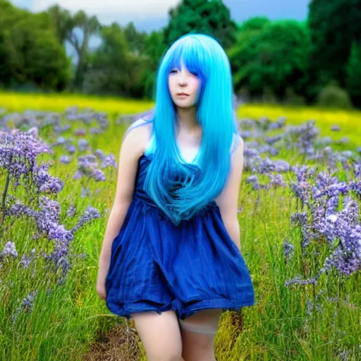 Prompt: anime girl with blue hair in a field of flowers