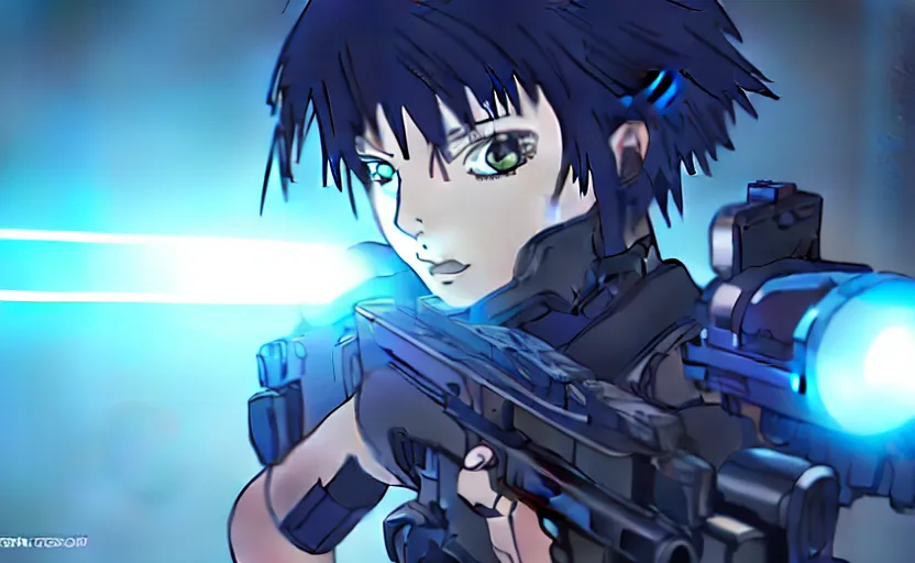 Prompt: action scene, female cyberpunk soldier shooting laser at a large tank, symmetrical faces and eyes, Kyoto animation, Ghost in the Shell, Madhouse anime studios Black Lagoon Perfect Blue, Jormungand anime, studio lighting, manga, bright colors, beautiful, 35mm lens, vibrant, high contrast