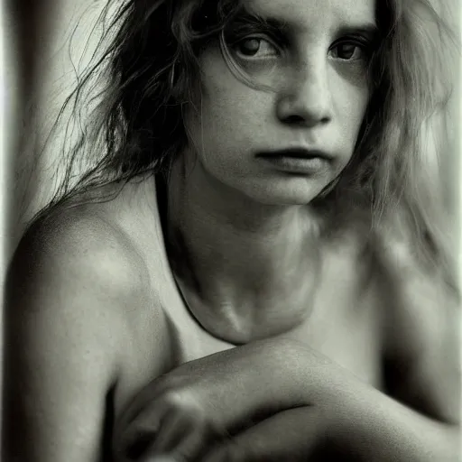 Prompt: a portrait of a beautiful woman opal, iridescent, surreal, extremely detailed, award winning photo, 150mm f/1.2, by sally mann