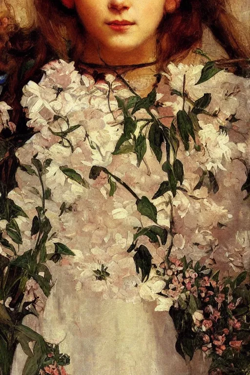 Image similar to close - up fashion woman portrait airy flowers clouds art by vasnetsov