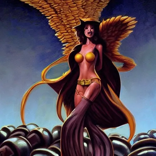 Image similar to painting in style of michael whelan, the super hot, dark angel of coffee