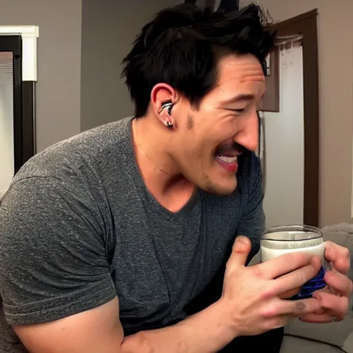 Image similar to markiplier drinking milk, spilling everywhere, overconsumption