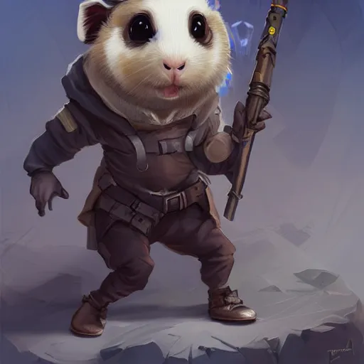 Image similar to cute little anthropomorphic Guinea Pig wearing techwear outfit, ultra wide lens shot , tiny, small, short, cute and adorable, pretty, beautiful, DnD character art portrait, matte fantasy painting, DeviantArt Artstation, by Jason Felix by Steve Argyle by Tyler Jacobson by Peter Mohrbacher, cinematic lighting