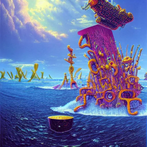 Image similar to surrealism spongebob, epic, cinematic shot, 8k, by Bruce Pennington, sharp focus, highly detailed, saturated