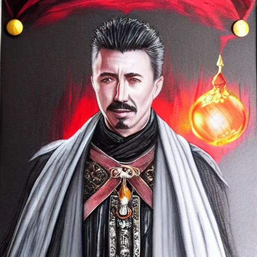 Image similar to petyr baelish smirking dressed in grey robes with red and gold trim, slightly turned to the right, ultra detailed, photorealistic, holding a crystal ball, magic the gathering style art, standing with a black background, high quality,