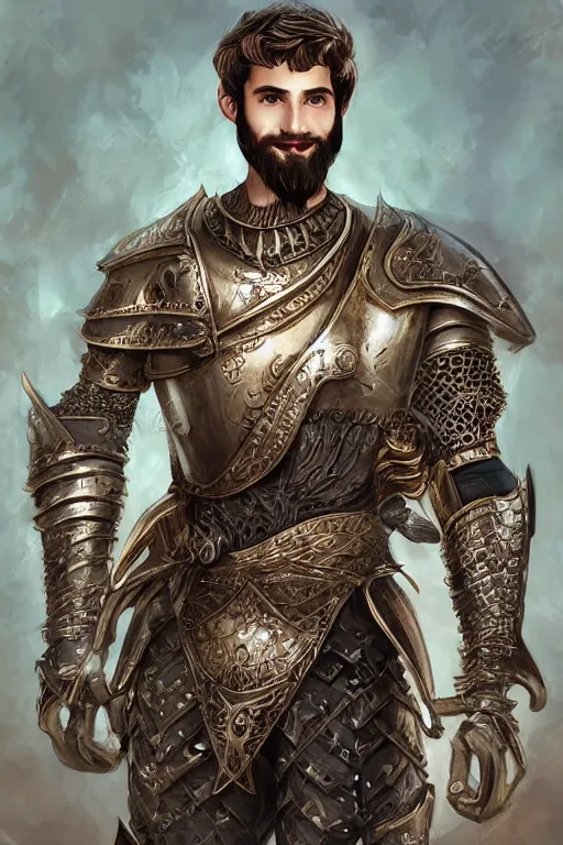 Prompt: young man with thin beard, messy short hair, very beautiful, wearing intricate bronze and silver armour. digital art. trending on artstation. vivid colours. unrealistic, storybook, fable.