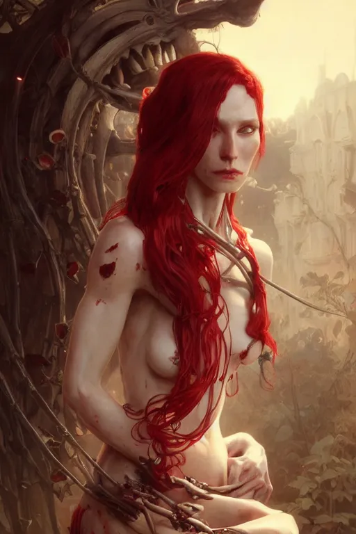 Image similar to pale woman with skeleton body covered with blood, long red hair, pretty face, ultra realistic, concept art, intricate details, highly detailed, photorealistic, octane render, 8 k, unreal engine. art by artgerm and greg rutkowski and alphonse mucha