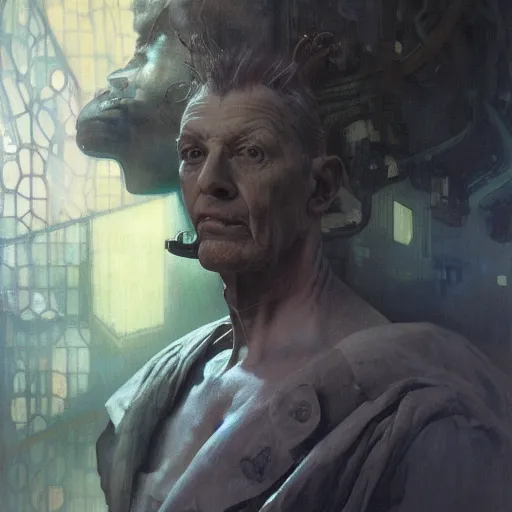 Image similar to hyperrealist portrait of an ancient old alien with large cruel intelligent eyes and a huge head standing in front of a computer interface by jeremy mann and alphonse mucha and goya, fantasy art, photo realistic, dynamic lighting, artstation, poster, volumetric lighting, very detailed faces, award winning, full face, symmetry