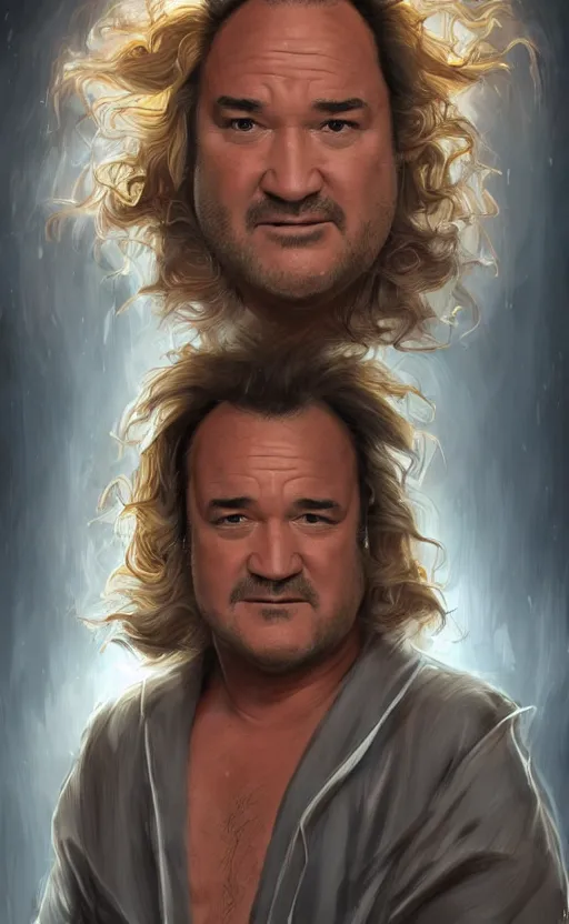 Prompt: jim belushi with wild hair and bright eyes. he's wearing a flowing bathrobe made of light, airy fabric and he has a mischievous look on his face, dynamic lighting, photorealistic fantasy concept art, trending on art station, stunning visuals, creative, cinematic, ultra detailed