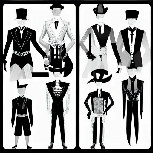 Prompt: a set of magician's men's clothing design, black and white tones, 2 d game art